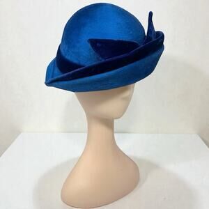 Vintage Blue Velour Felt Cloche Hat Navy Velvet Bow Asym Brim Italy 1960s